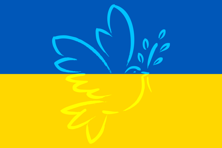 Zeichung einer Friedenstaube auf einer ukrainischen Flagge