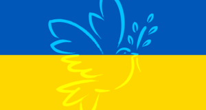 Zeichung einer Friedenstaube auf einer ukrainischen Flagge