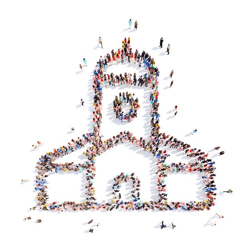 Collage von Menschen, die zusammen das Bild einer Kirche symbolisieren