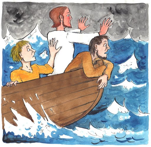 Jesus und seine Jünger in einem Boot bei Sturm