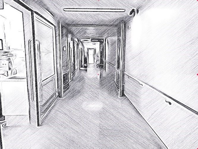 Bleistiftzeichnung eines Krankenhausflures