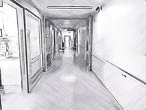 Bleistiftzeichnung eines Krankenhausflures