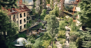 Zukunftsvision einer Stadtansicht mit begrünten Hausfassaden und Hausdächern