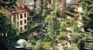 Zukunftsvision einer Stadtansicht mit begrünten Hausfassaden und Hausdächern