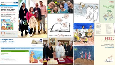 Eine Collage. Sie zeigt u.a. verschiedene Veröffentlichungen der Bibel in Leichhter Sprache, einige Illustrationen daraus und die am Projekt Beteiligten.
